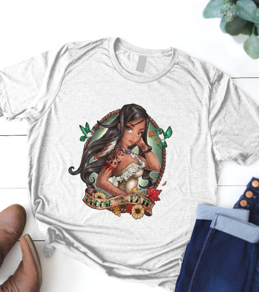 Pocahontas Choose Your Own Path Autumn Leaves Green Hummingbirds Tattoo Flowers T-Shirt