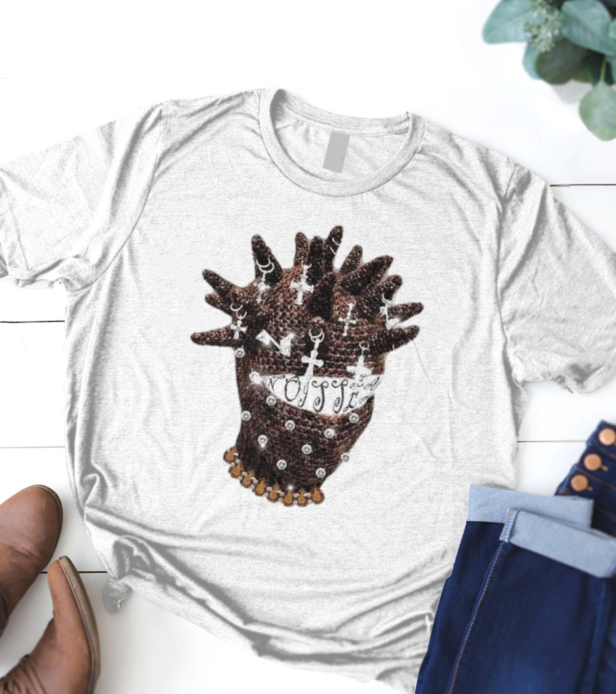 Unique Knitted Hood Spiked Viking Cross Decorated T-Shirt