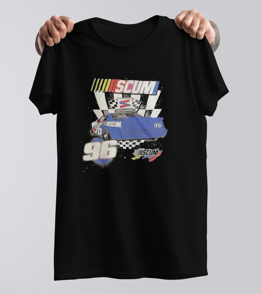SCUM Motorsports Racing 96 Checkered Flag Car Print T-Shirt