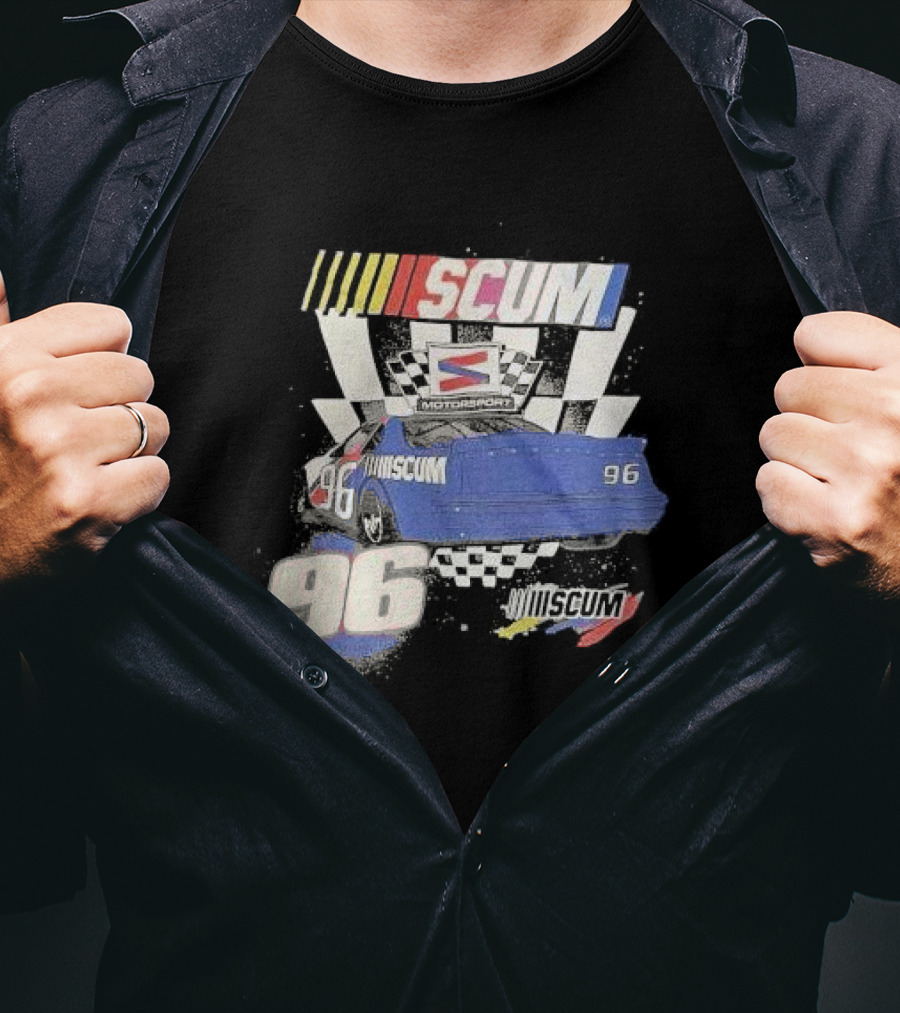 SCUM Motorsports Racing 96 Checkered Flag Car Print T-Shirt