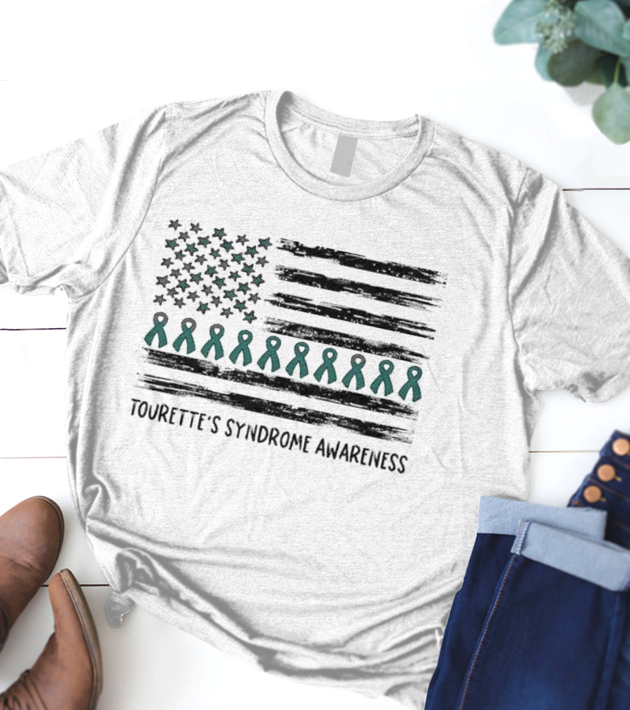 Tourette's Syndrome Awareness Flag With Teal Ribbons And Stars T-Shirt