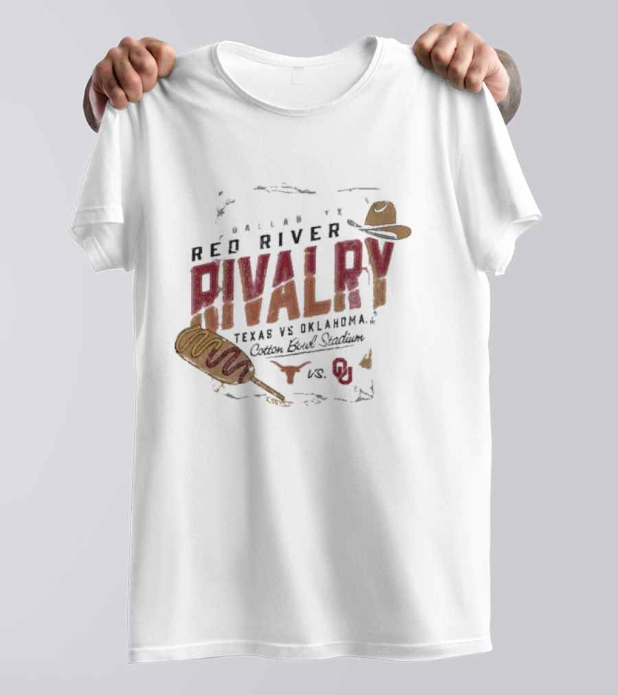 Red River Rivalry Texas Longhorns Vs. Oklahoma Sooners Corn Dog Dallas Cotton Bowl Stadium T-Shirt