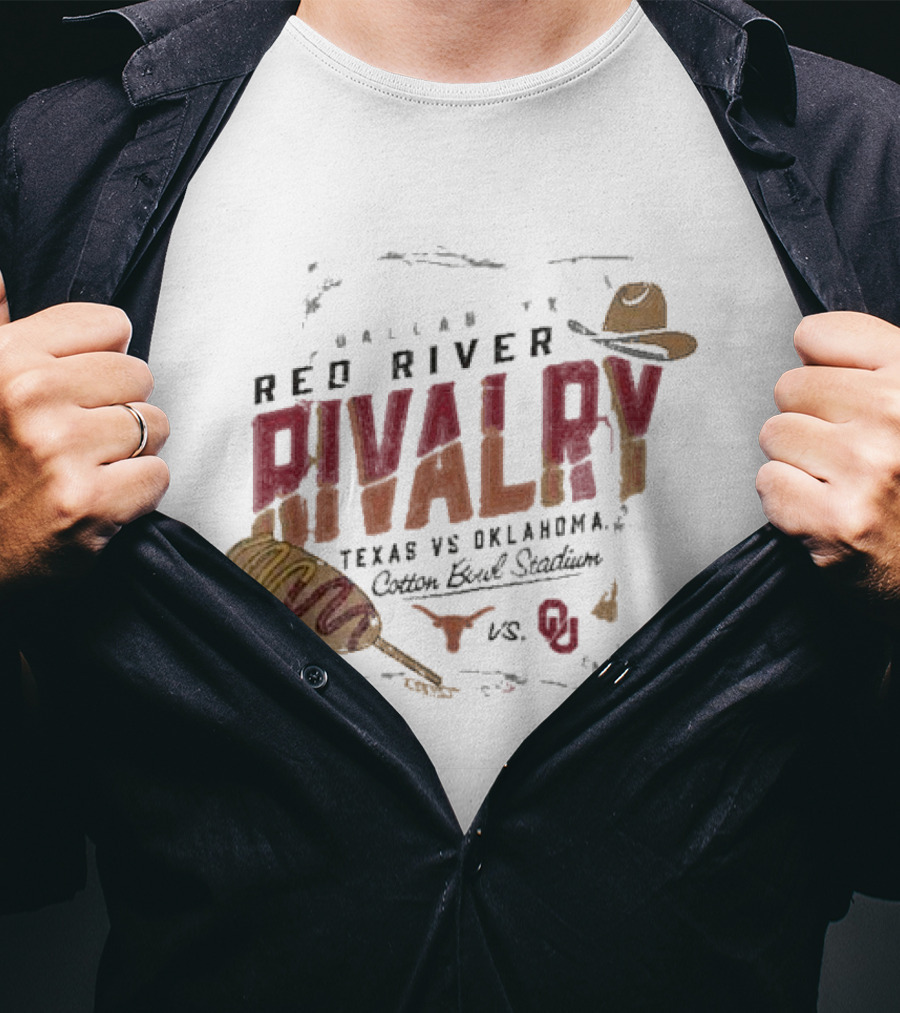 Red River Rivalry Texas Longhorns Vs. Oklahoma Sooners Corn Dog Dallas Cotton Bowl Stadium T-Shirt