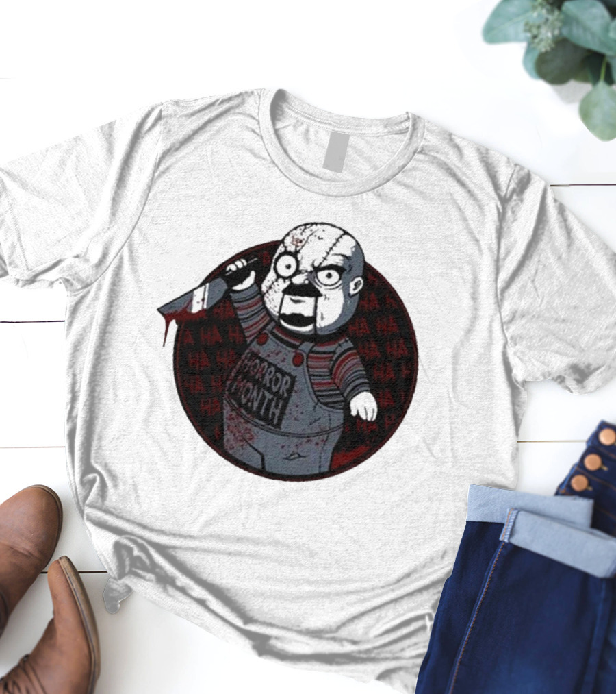 Horror Month Screen Printed Bloody Knife HA HA Masked Character T-Shirt