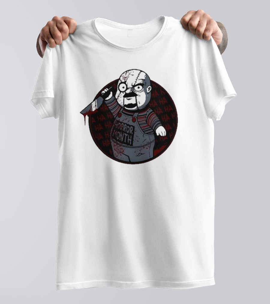 Horror Month Screen Printed Bloody Knife HA HA Masked Character T-Shirt