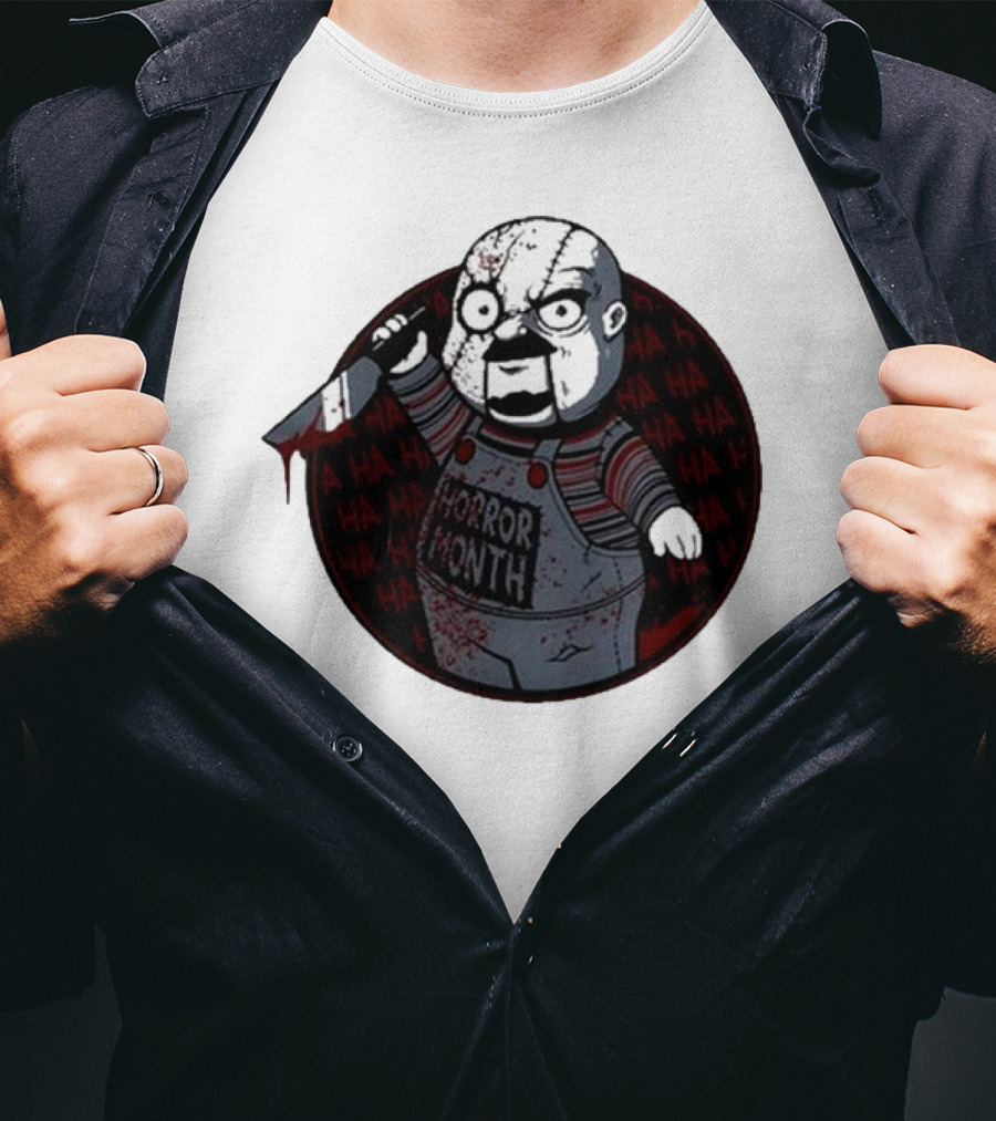 Horror Month Screen Printed Bloody Knife HA HA Masked Character T-Shirt
