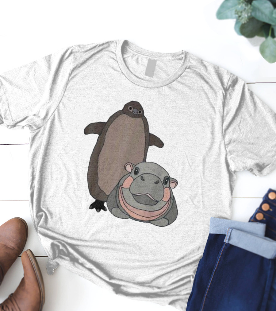 Pesto The Penguin And Moo Deng The Baby Hippo Cartoon Characters T-Shirt
