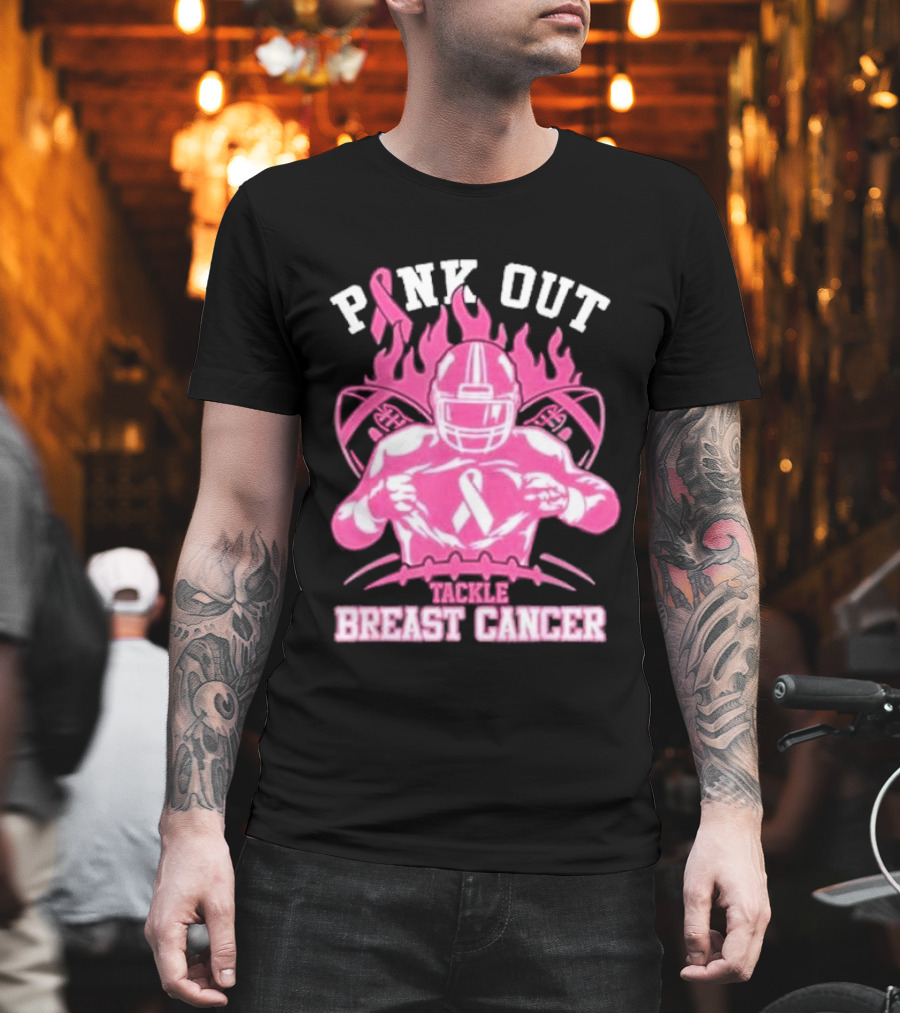 Pink Out Tackle Breast Cancer Awareness Football Player Ribbon Flames T-Shirt