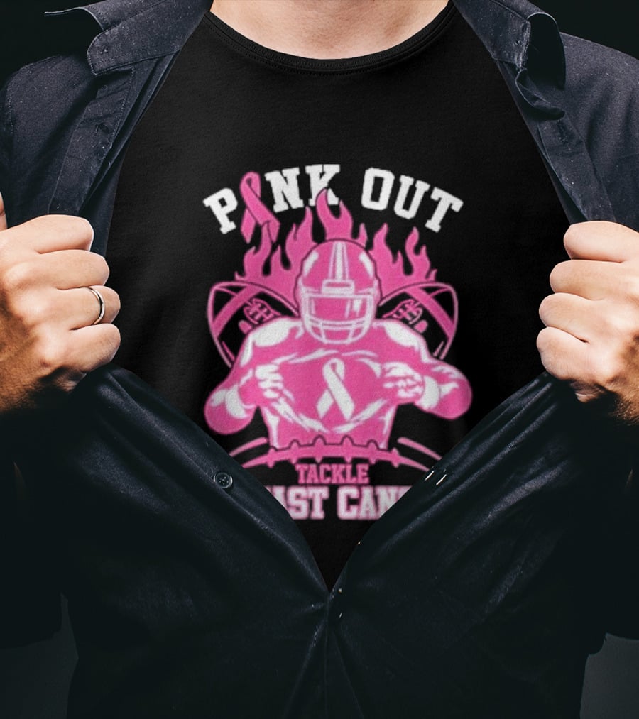 Pink Out Tackle Breast Cancer Awareness Football Player Ribbon Flames T-Shirt