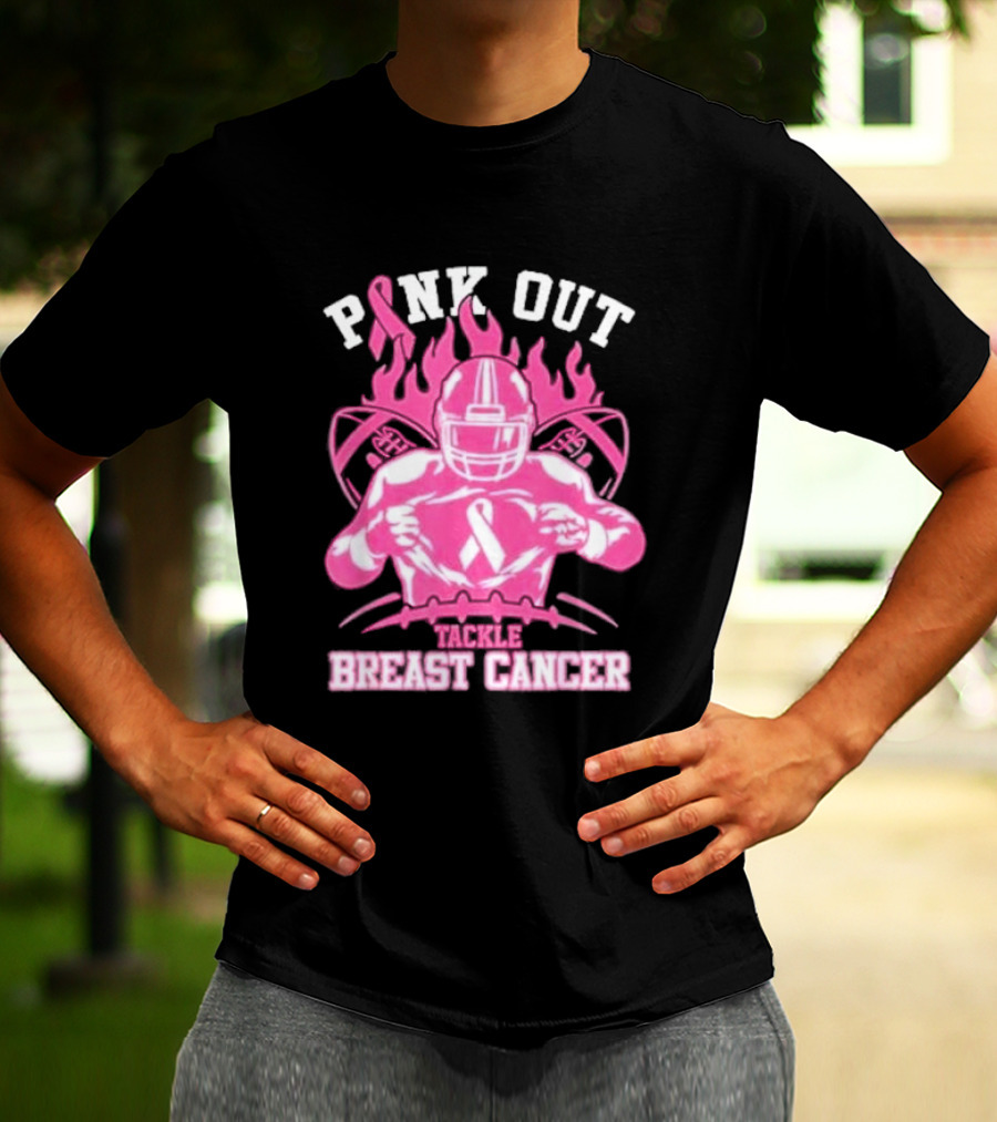 Pink Out Tackle Breast Cancer Awareness Football Player Ribbon Flames T-Shirt