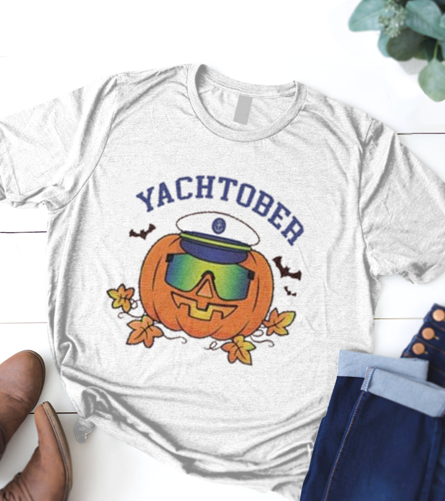 Yachtober Captain Pumpkin With Sunglasses And Bats T-Shirt