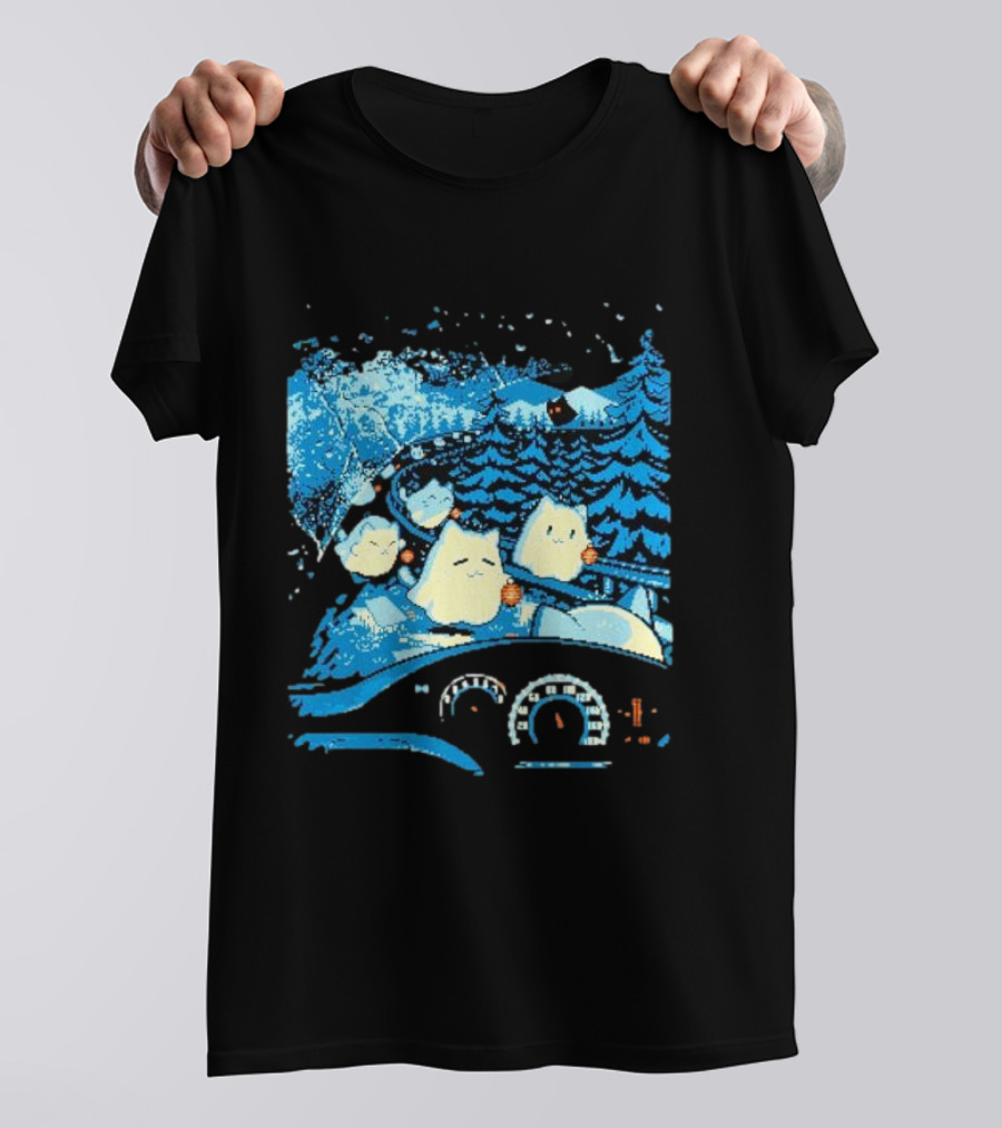 Haunted Road Pixel Art Ghost Cats Forest Adventure T-Shirt