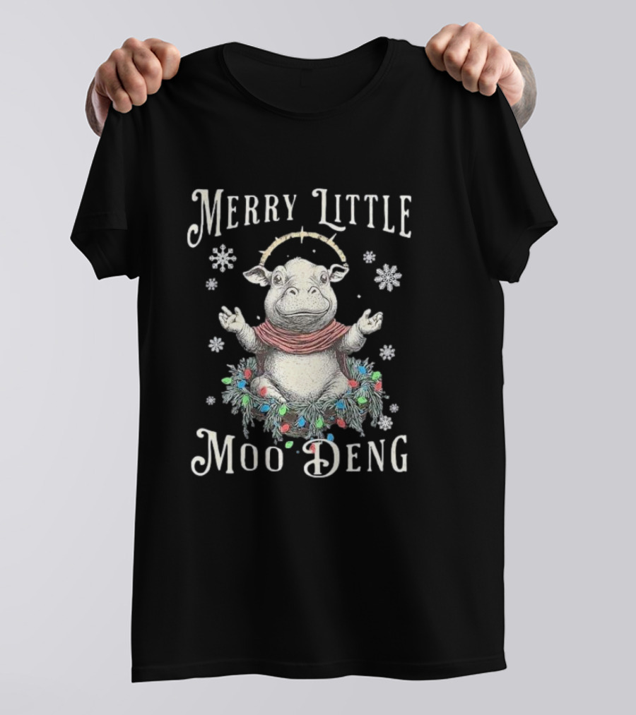 Merry Little Moo Deng Cute Christmas Hippo Surrounded By Snowflakes And Festive Wreath T-Shirt