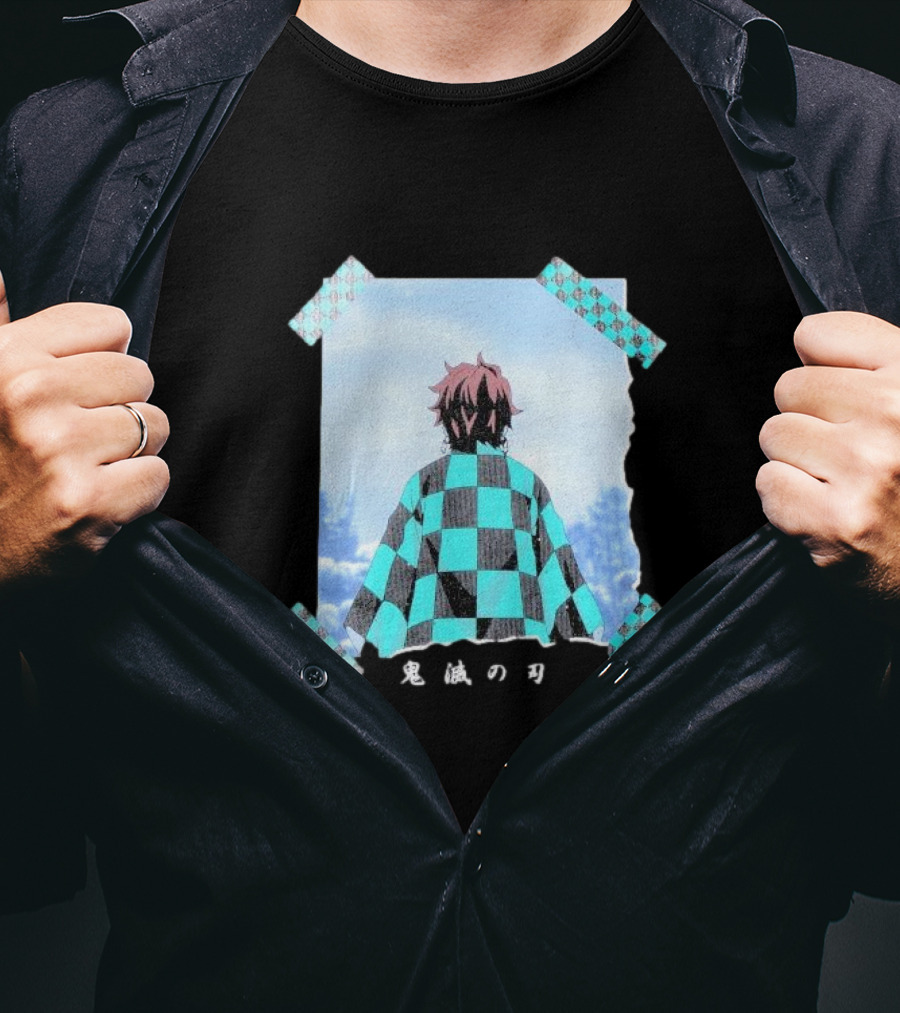 Demon Slayer Kimetsu No Yaiba Tanjiro Checkered Cloak Japanese Text UT Collection T-Shirt
