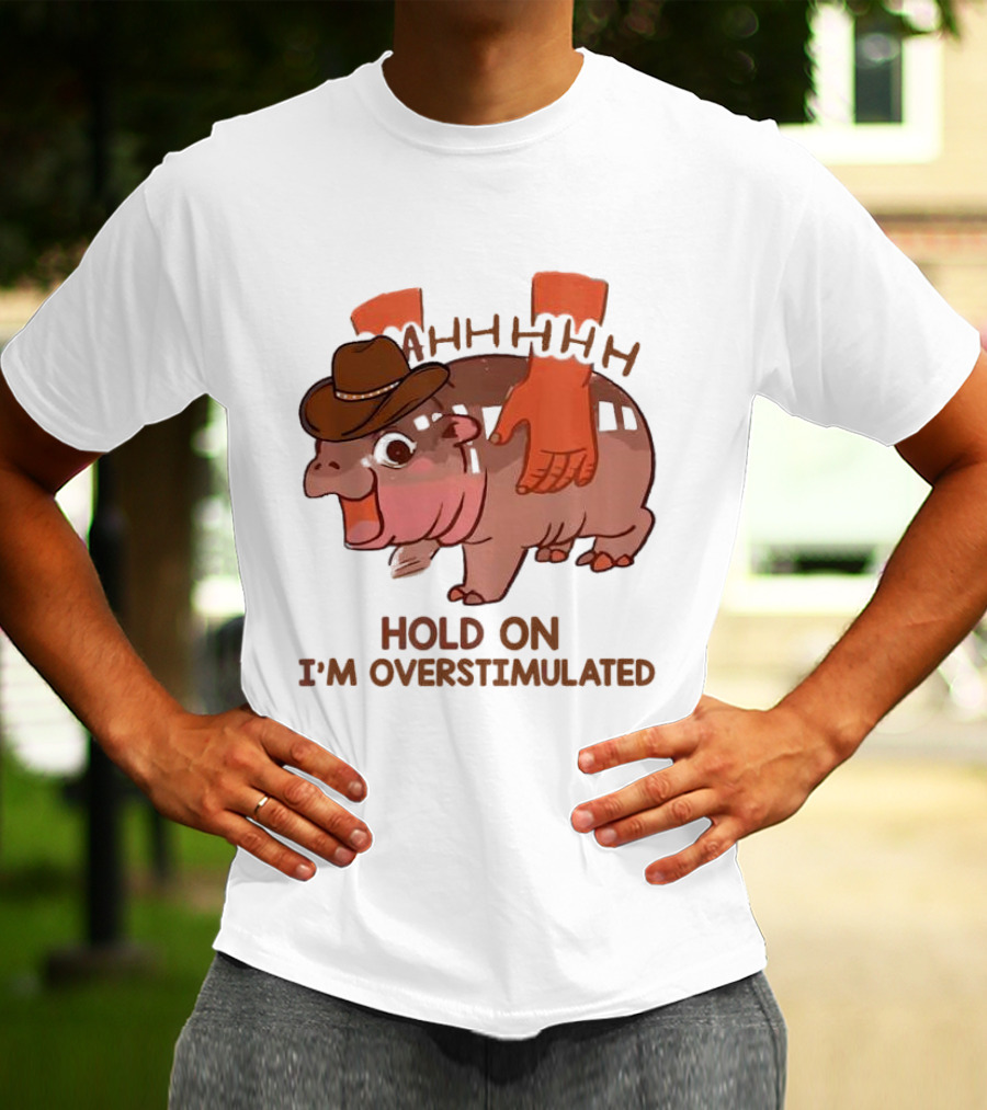 Hold On I'm Overstimulated Cowboy Hippo With Cowboy Hat And Hands T-Shirt