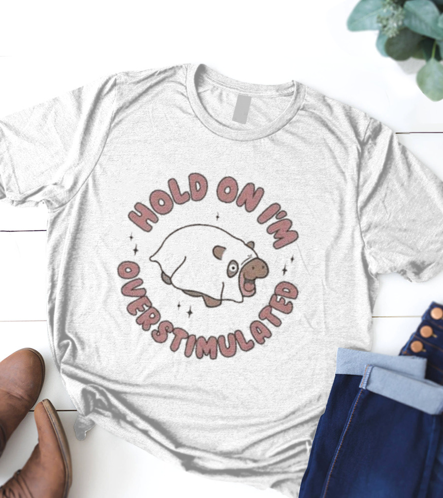 Hold On I'm Overstimulated Cute Cartoon Cow With Sparkles T-Shirt