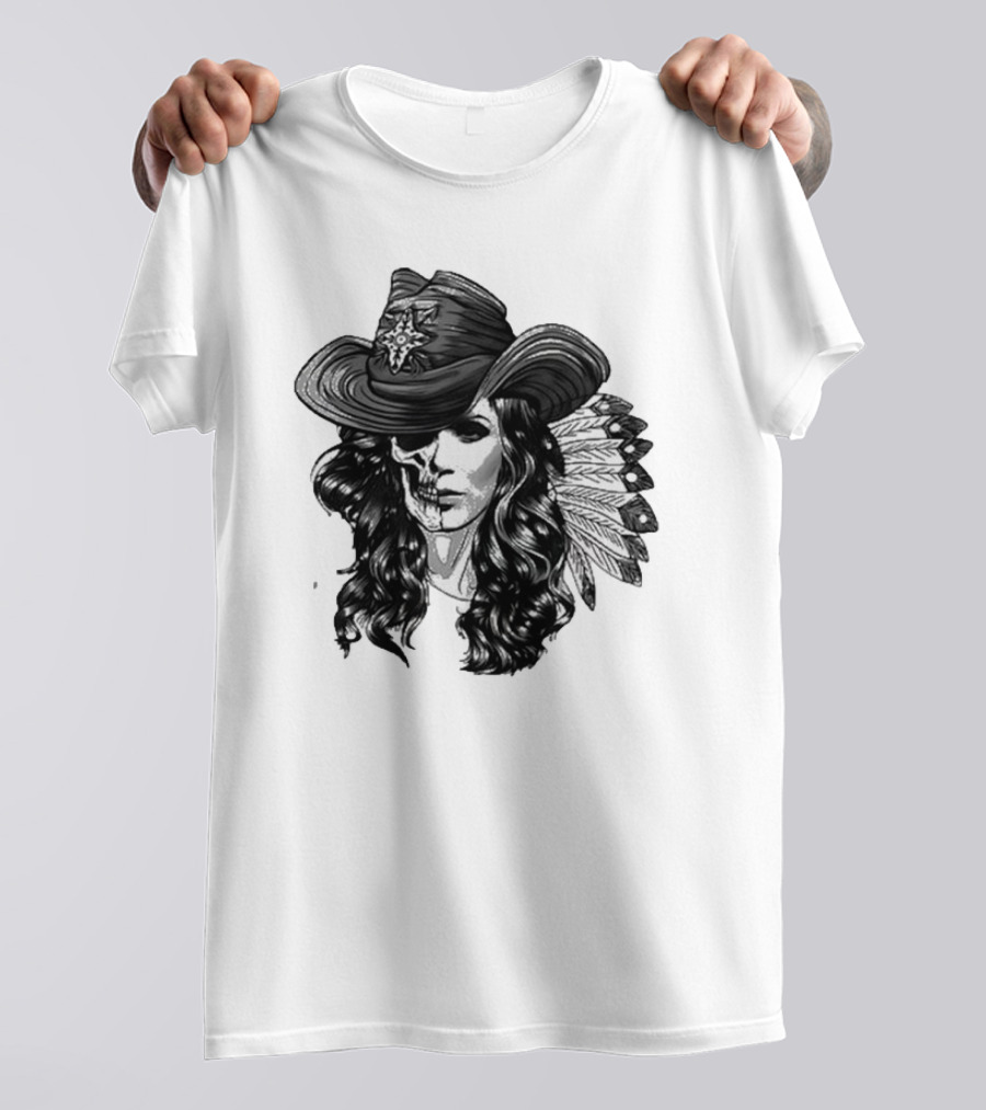 Mickie James Ghost Rider Cowgirl Skull Feather Hat T-Shirt