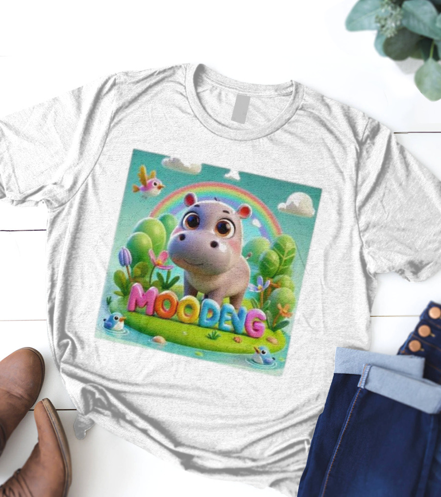 Moo-Deng The Famous Baby Pygmy Hippo Moo Deng Rainbow Meadow Scene T-Shirt