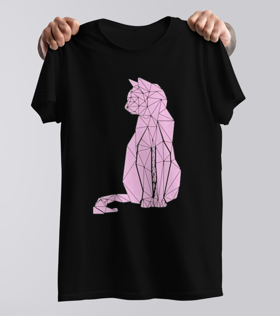 Geometric Cat Feline Pet Lover Minimalist Pink Line T-Shirt