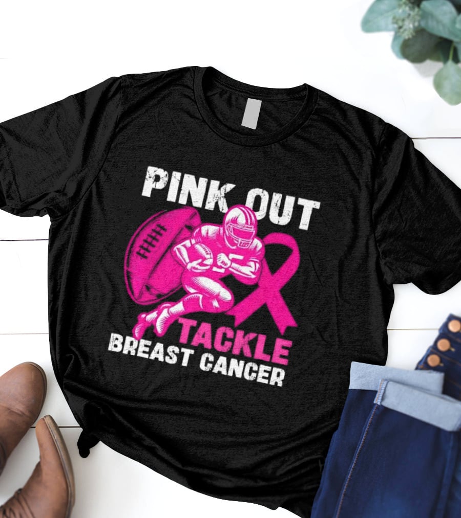 PINK OUT TACKLE BREAST CANCER Football Players Awareness T-Shirt