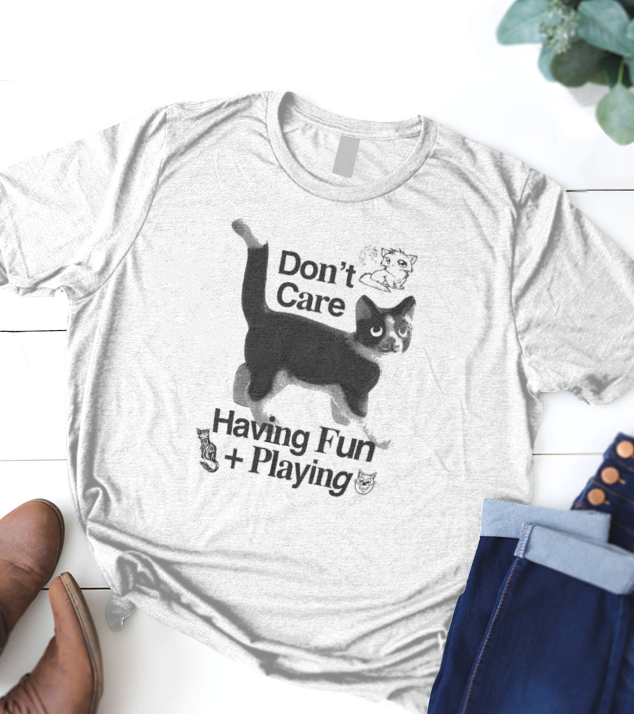 Don’t Care Having Fun Playing Cute Black Cat Sketch Art T-Shirt