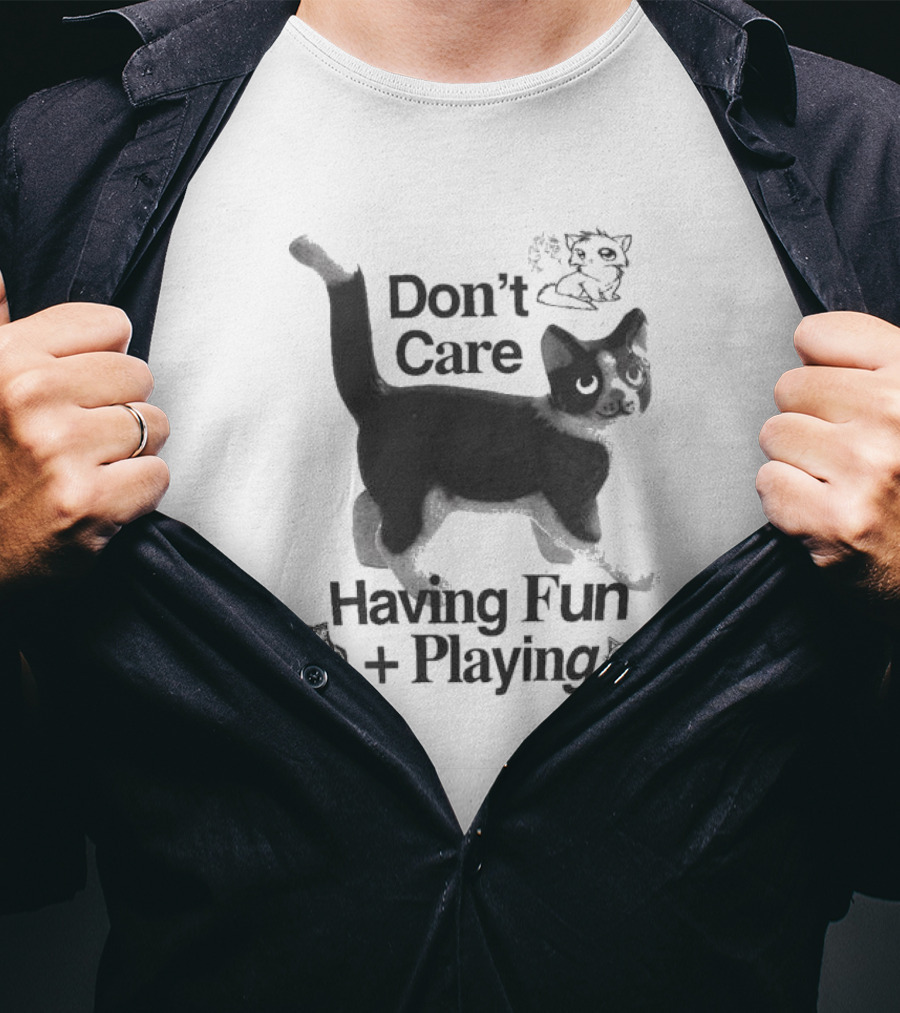 Don’t Care Having Fun Playing Cute Black Cat Sketch Art T-Shirt
