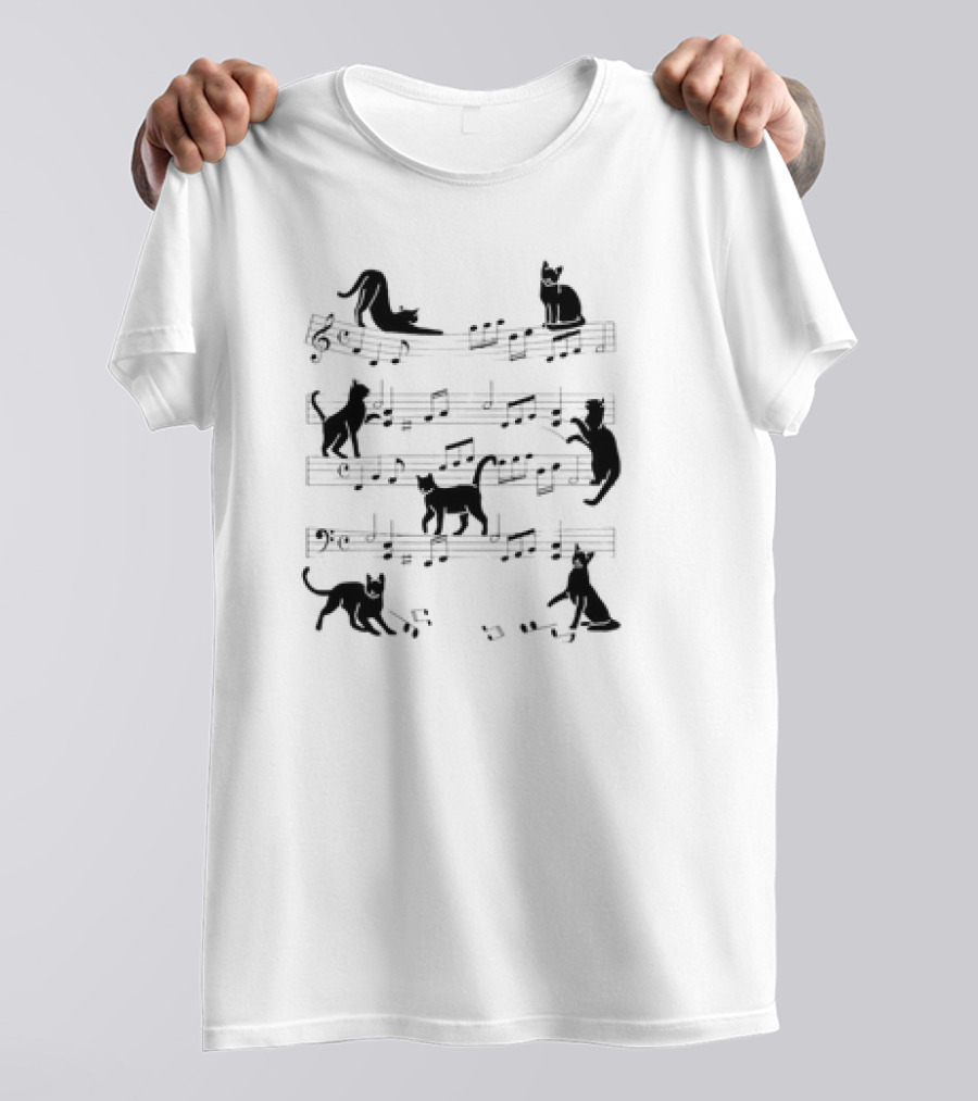 Cat Kitty On Musical Notes Clef Playing Music Piano Musician T-Shirt