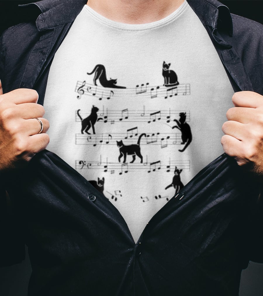 Cat Kitty On Musical Notes Clef Playing Music Piano Musician T-Shirt