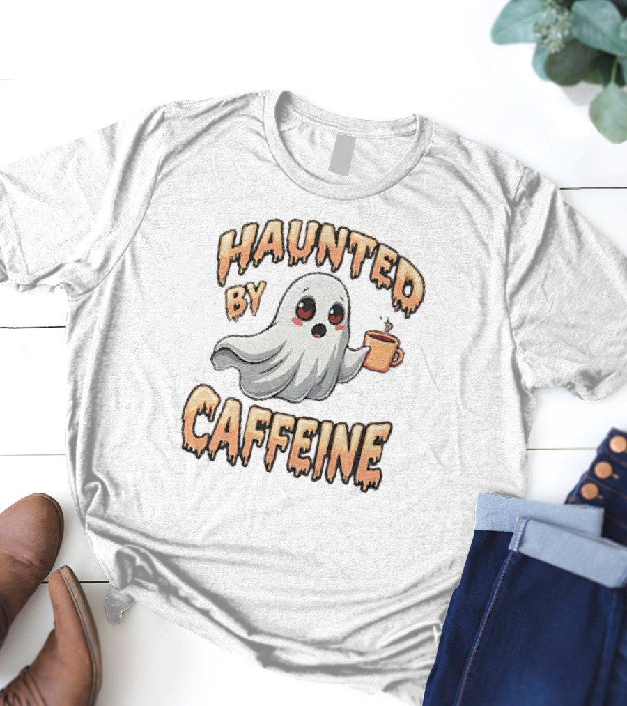 Haunted By Caffeine Ghost Holding Coffee Cup T-Shirt