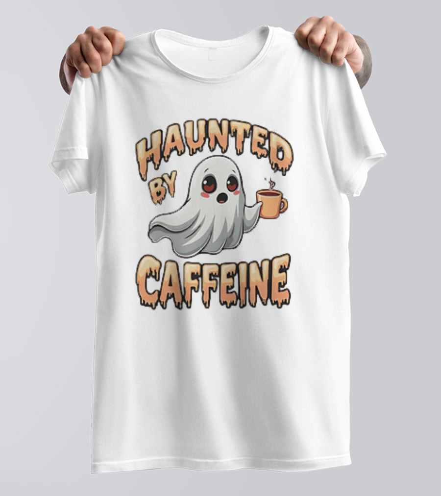 Haunted By Caffeine Ghost Holding Coffee Cup T-Shirt