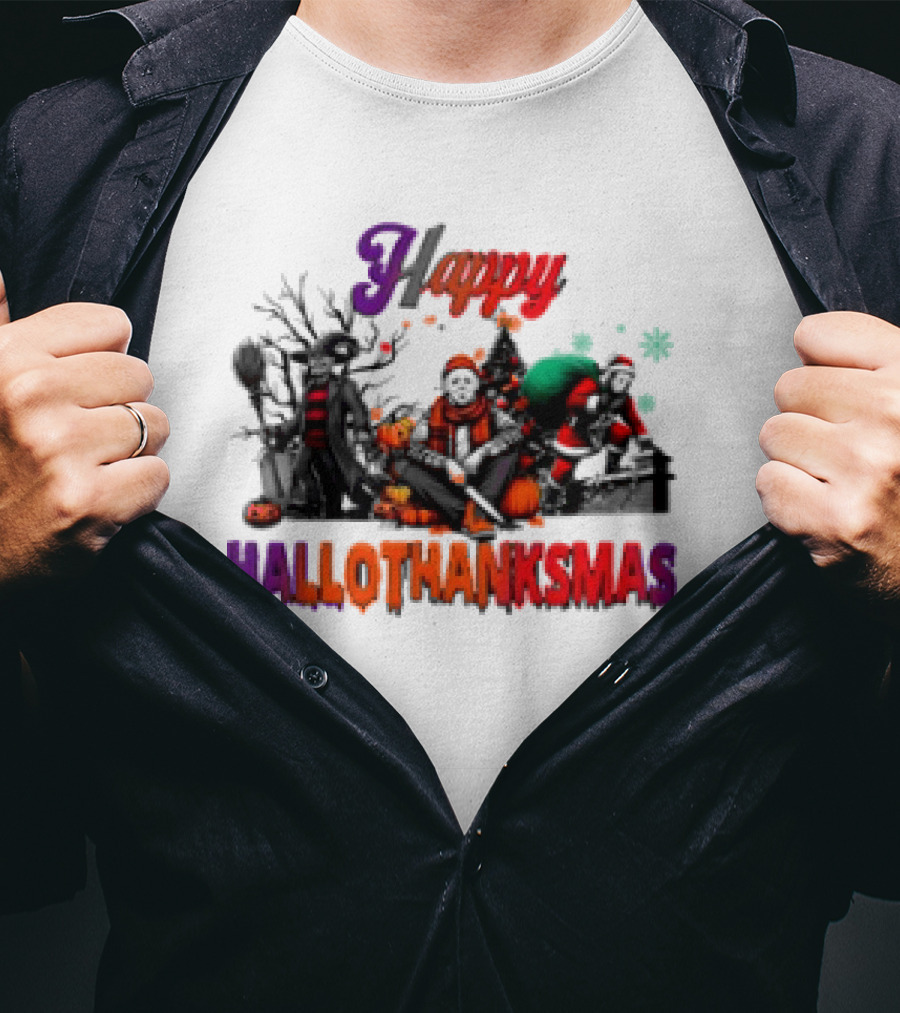 Happy Hallothanksmas Horror Freddy Voorhees Christmas Characters T-Shirt