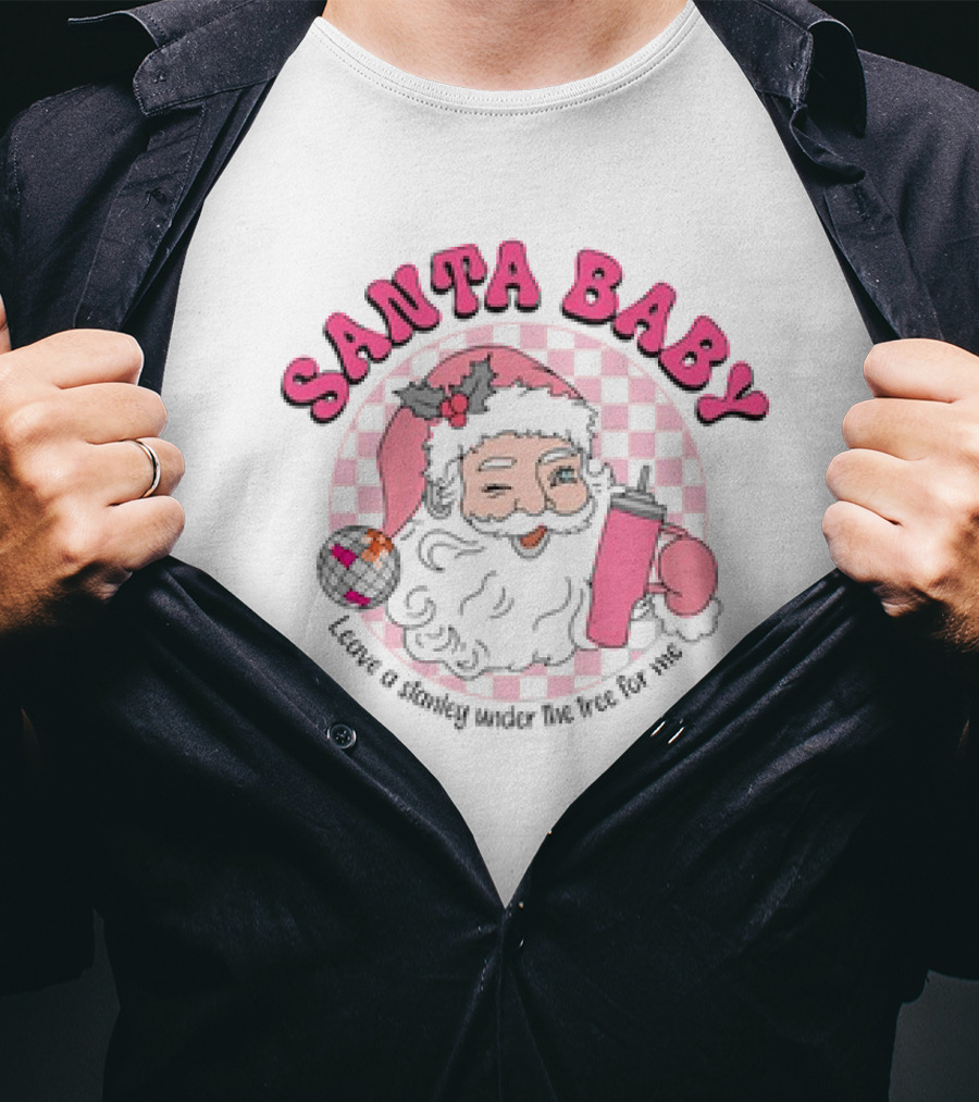 Santa Baby Leave A Stanley Under The Tree For Me Retro Groovy Pink Checkered Cartoon T-Shirt