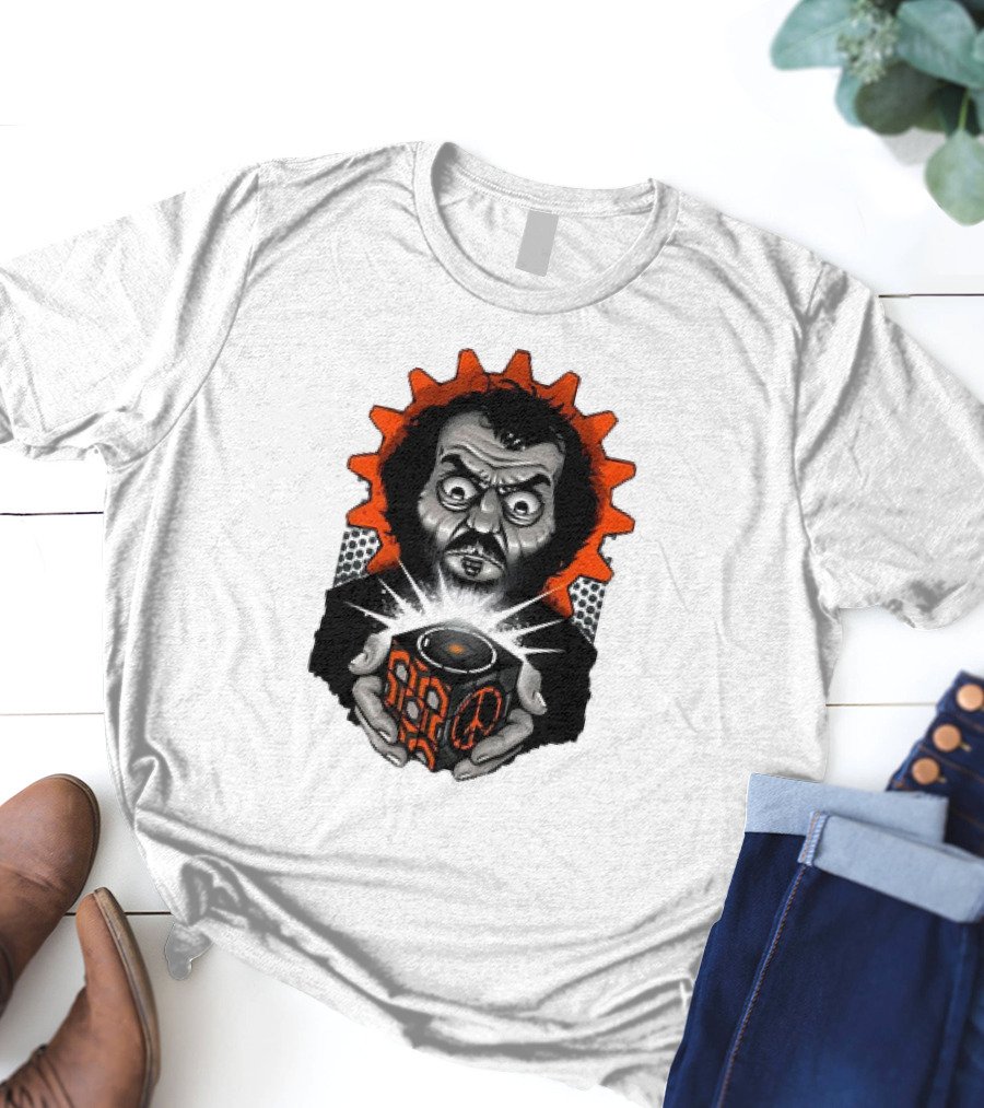 Stanley Kubrick Holding Glowing Cube With Orange Cogs And Geometric T-Shirt