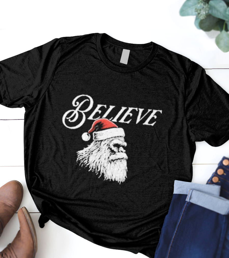 Believe Santa Squatch Christmas Yeti Face T-Shirt