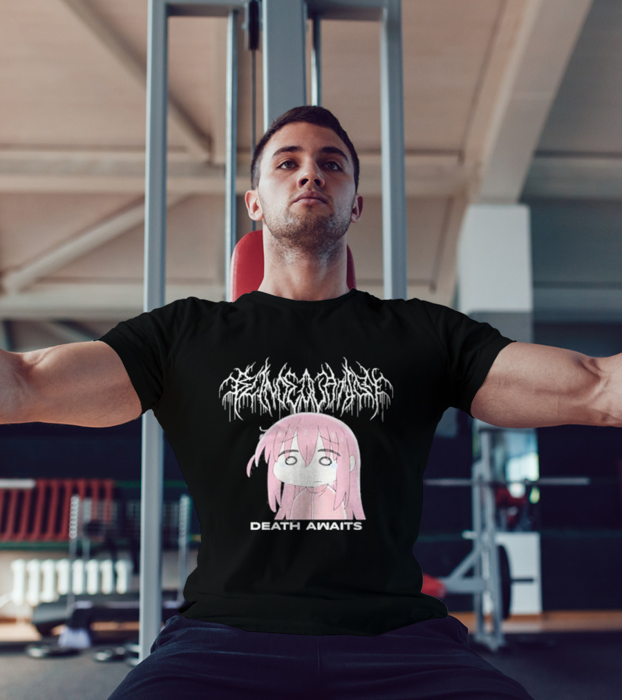 Bocchi The Rock Death Awaits Metal Style Art With Pink-Haired Character T-Shirt