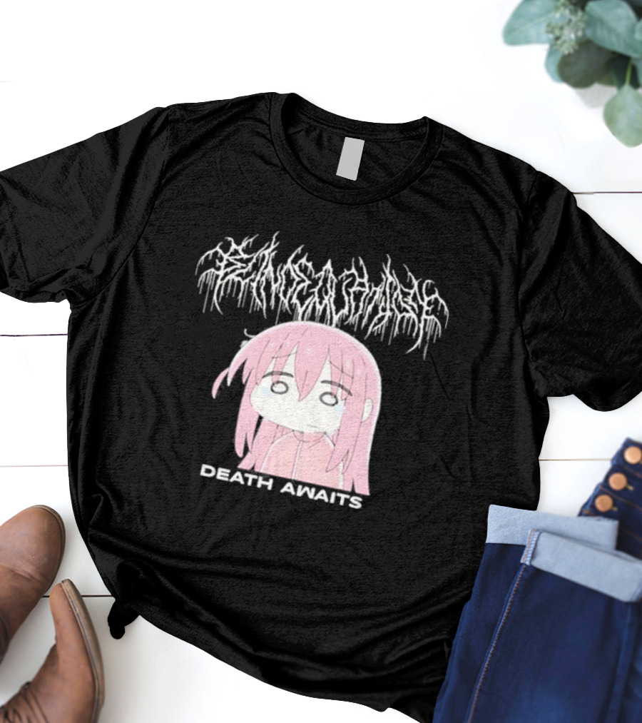 Bocchi The Rock Death Awaits Metal Style Art With Pink-Haired Character T-Shirt