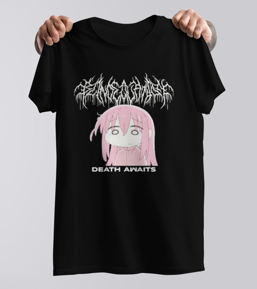 Bocchi The Rock Death Awaits Metal Style Art With Pink-Haired Character T-Shirt