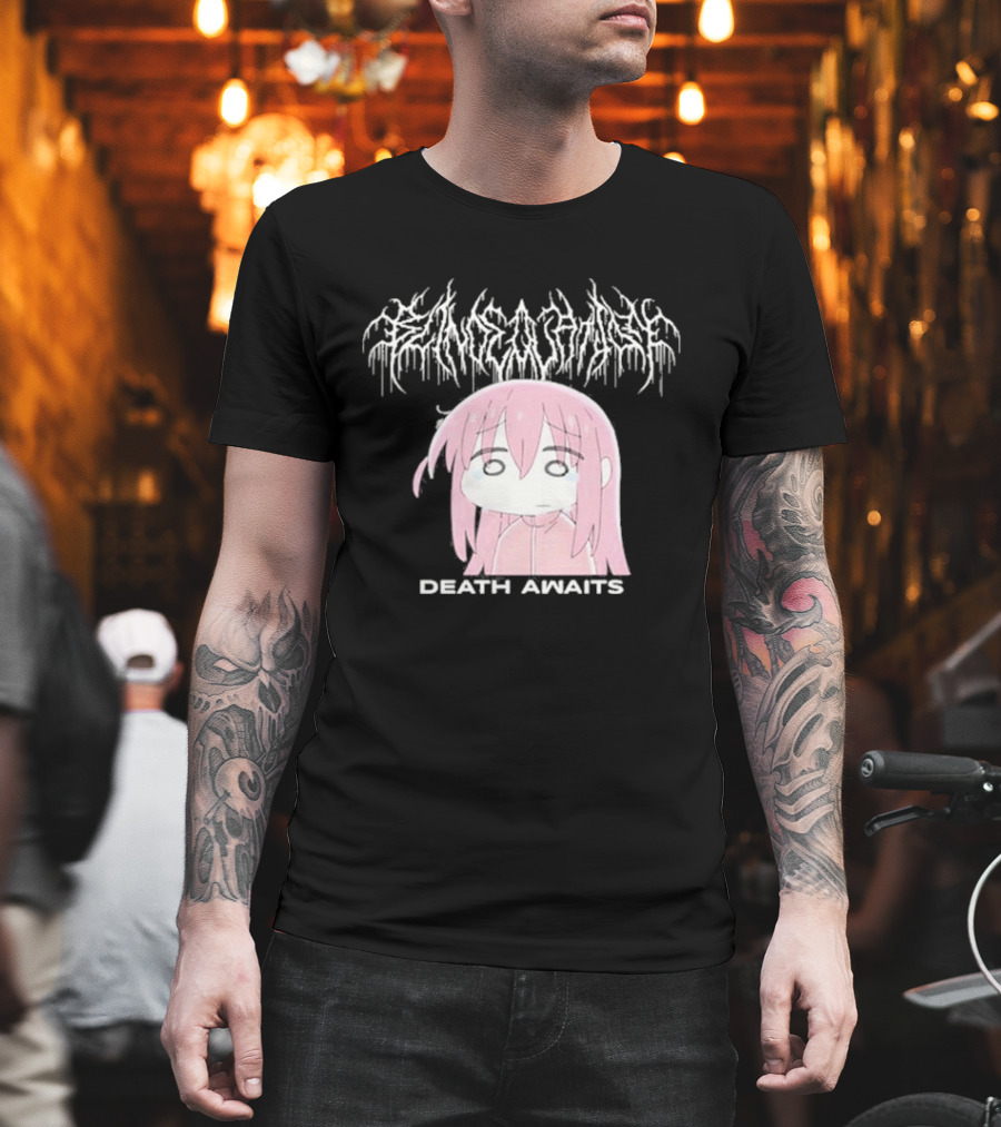 Bocchi The Rock Death Awaits Metal Style Art With Pink-Haired Character T-Shirt