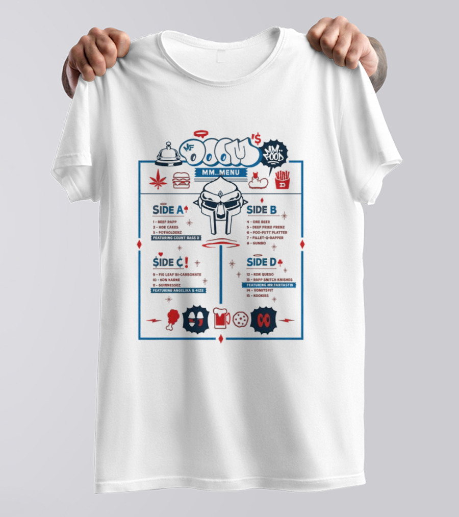 Mf Doom Doom's Diner MM..Food Menu Featuring Beef Rapp And Rap Snitch Knishes T-Shirt
