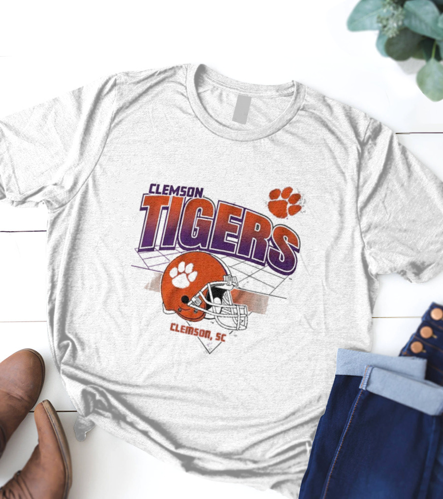 Clemson Tigers Football Helmet Logo Clemson SC Grid Paw Prints T-Shirt