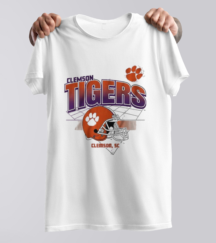 Clemson Tigers Football Helmet Logo Clemson SC Grid Paw Prints T-Shirt
