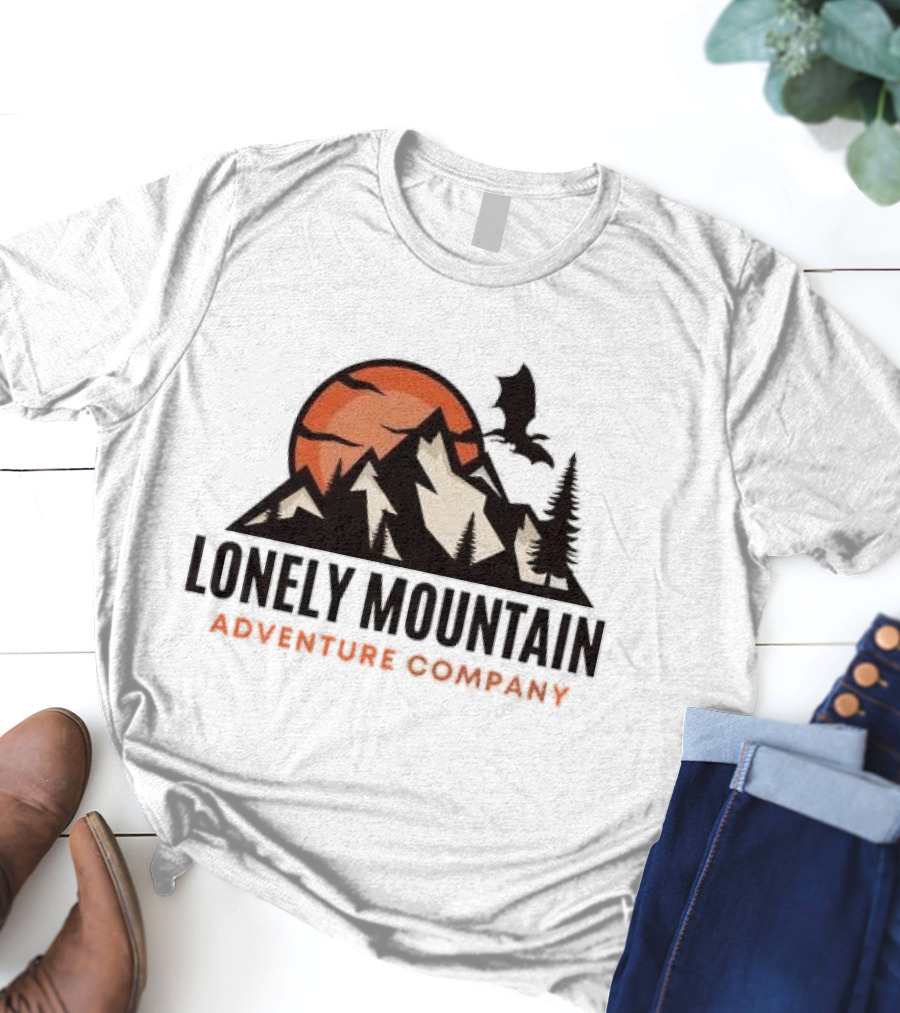 Lonely Mountain Adventure Company Dragon And Sunset Mountain Scene T-Shirt
