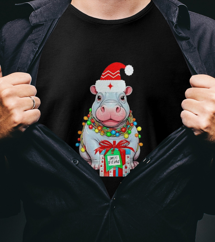 Moo Deng Merry Christmas Lights Tree Santa Hippo With Gift T-Shirt