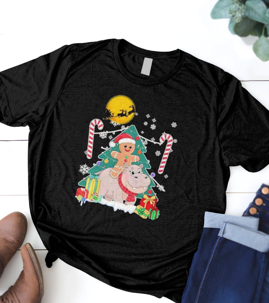 Santa Gingerbread Riding Hippo Christmas Candy Canes Snowflake Christmas Tree T-Shirt