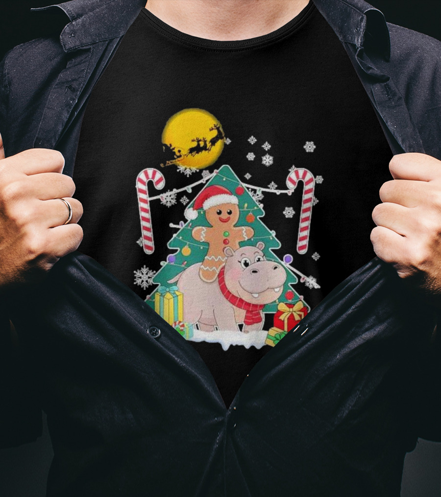 Santa Gingerbread Riding Hippo Christmas Candy Canes Snowflake Christmas Tree T-Shirt