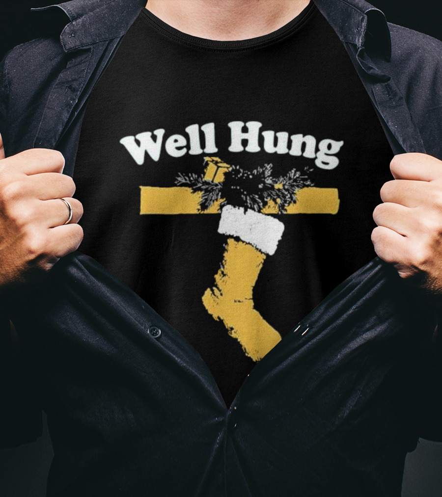 Well Hung Christmas Stocking Shot With Garland And Gift T-Shirt
