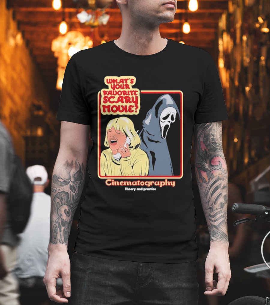 What’s Your Favorite Scary Movie Cinematography Theory And Practice Ghost Mask Girl On Phone T-Shirt