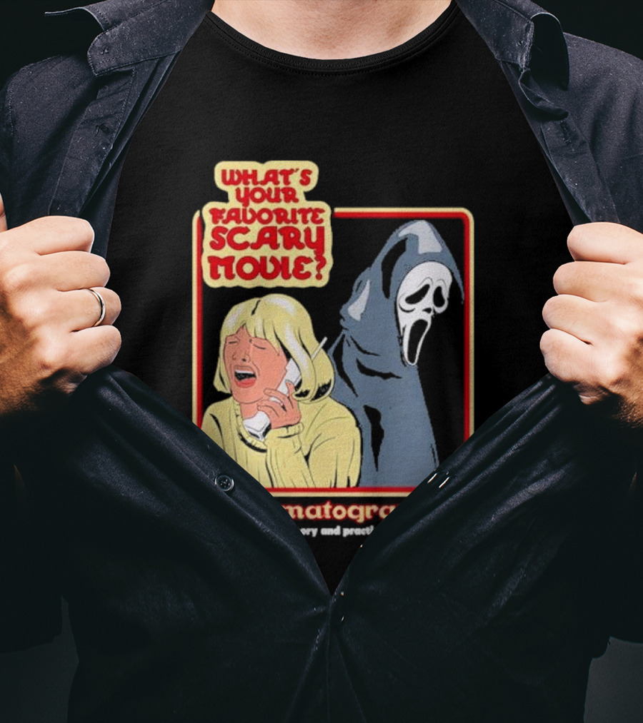 What’s Your Favorite Scary Movie Cinematography Theory And Practice Ghost Mask Girl On Phone T-Shirt