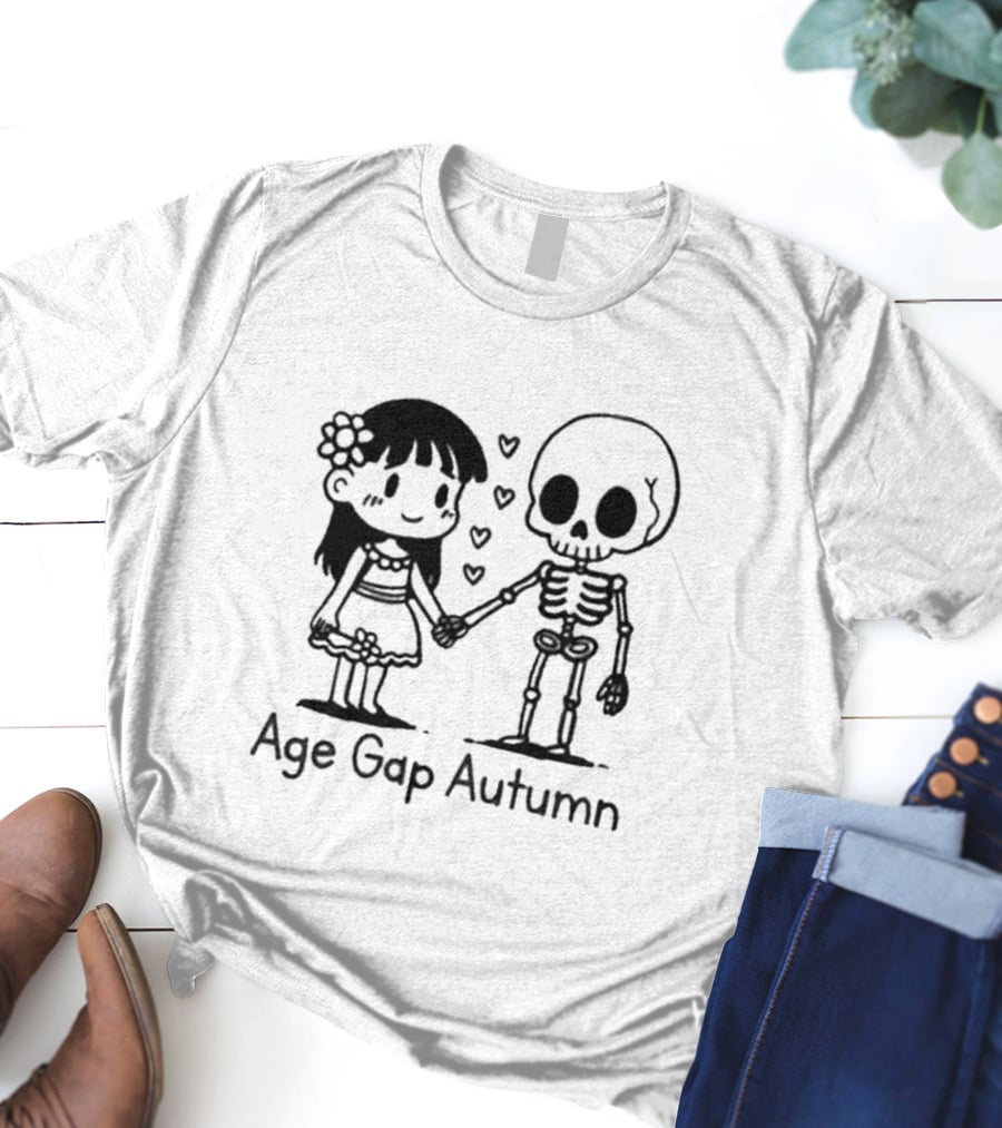 Age Gap Autumn Girl And Skeleton Holding Hands With Hearts T-Shirt