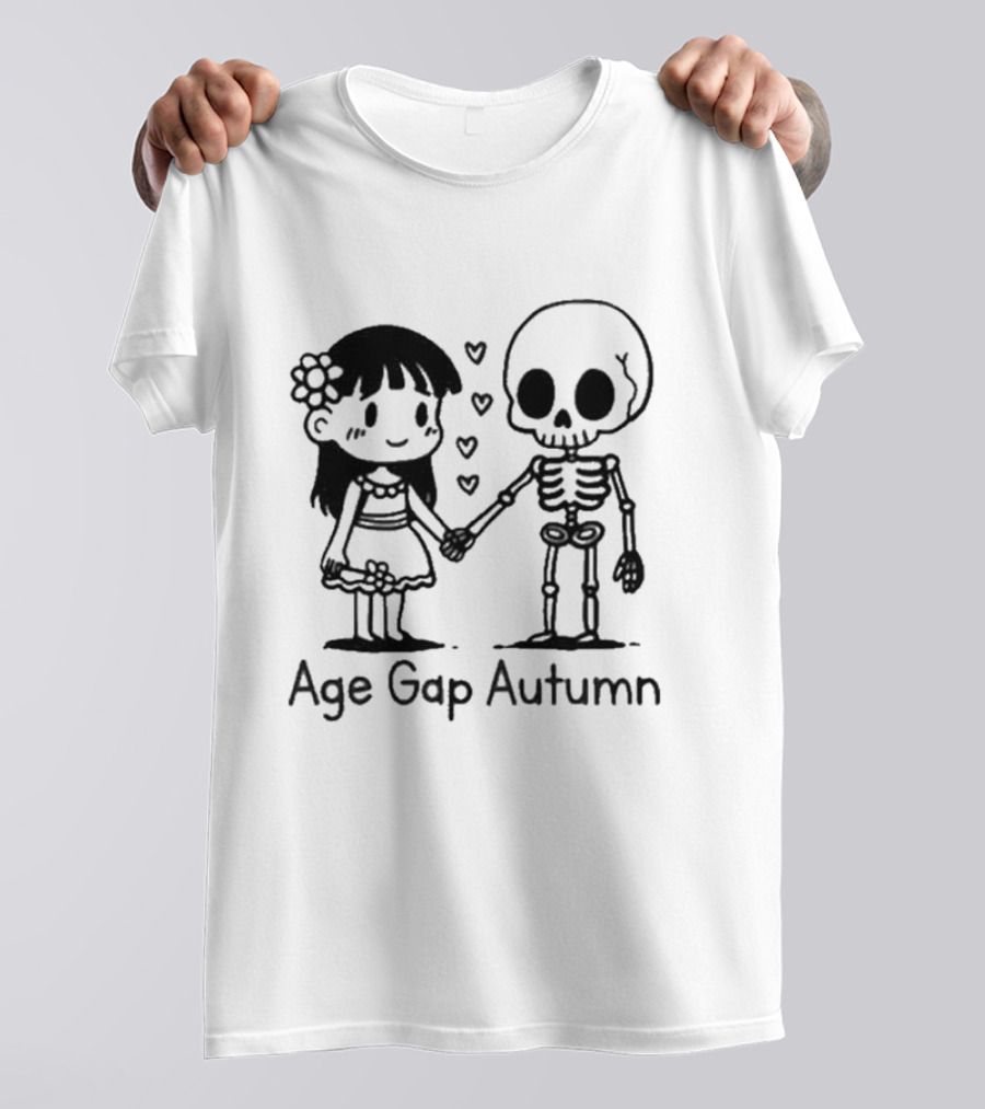 Age Gap Autumn Girl And Skeleton Holding Hands With Hearts T-Shirt